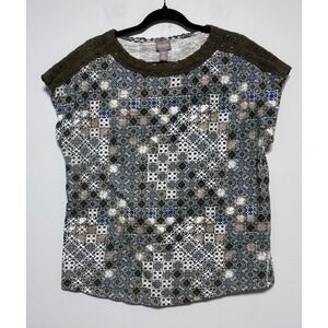 Chico's Artisanal Mosaic Tile Print Crochet Trim Top Size 2 Medium‎ Quiet Luxury